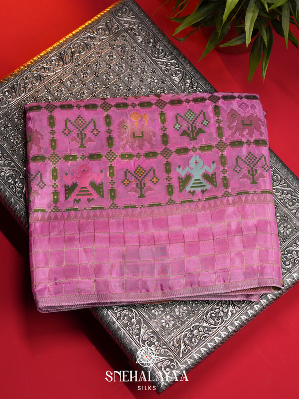 Pink Semi Pochampally Saree With multicolour Traditional Ikkat Weave