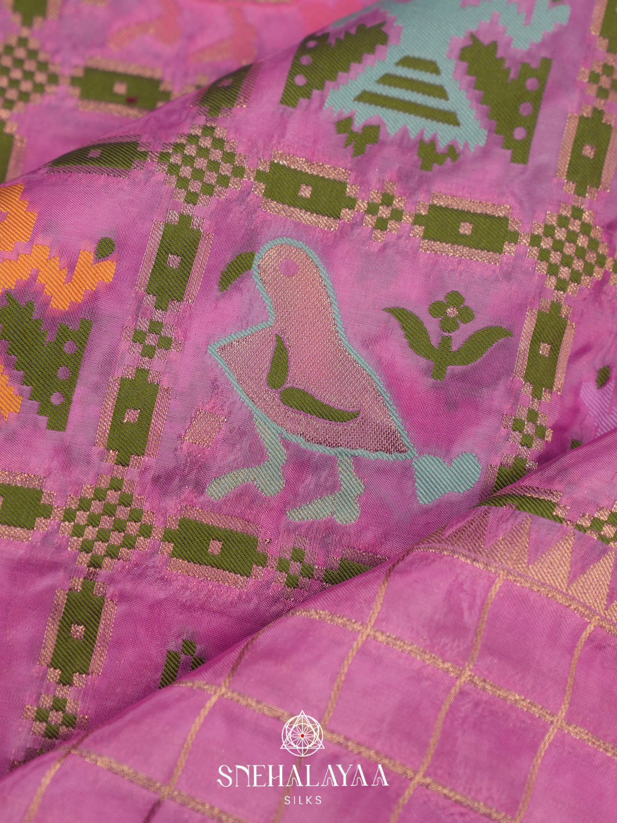 Pink Semi Pochampally Saree With multicolour Traditional Ikkat Weave