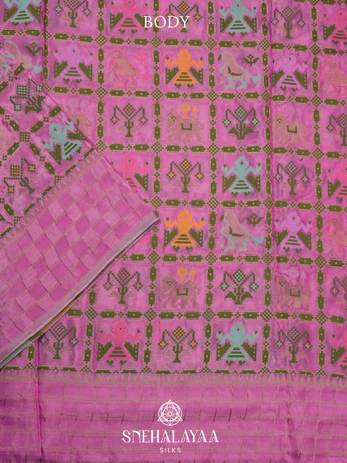 Pink Semi Pochampally Saree With multicolour Traditional Ikkat Weave