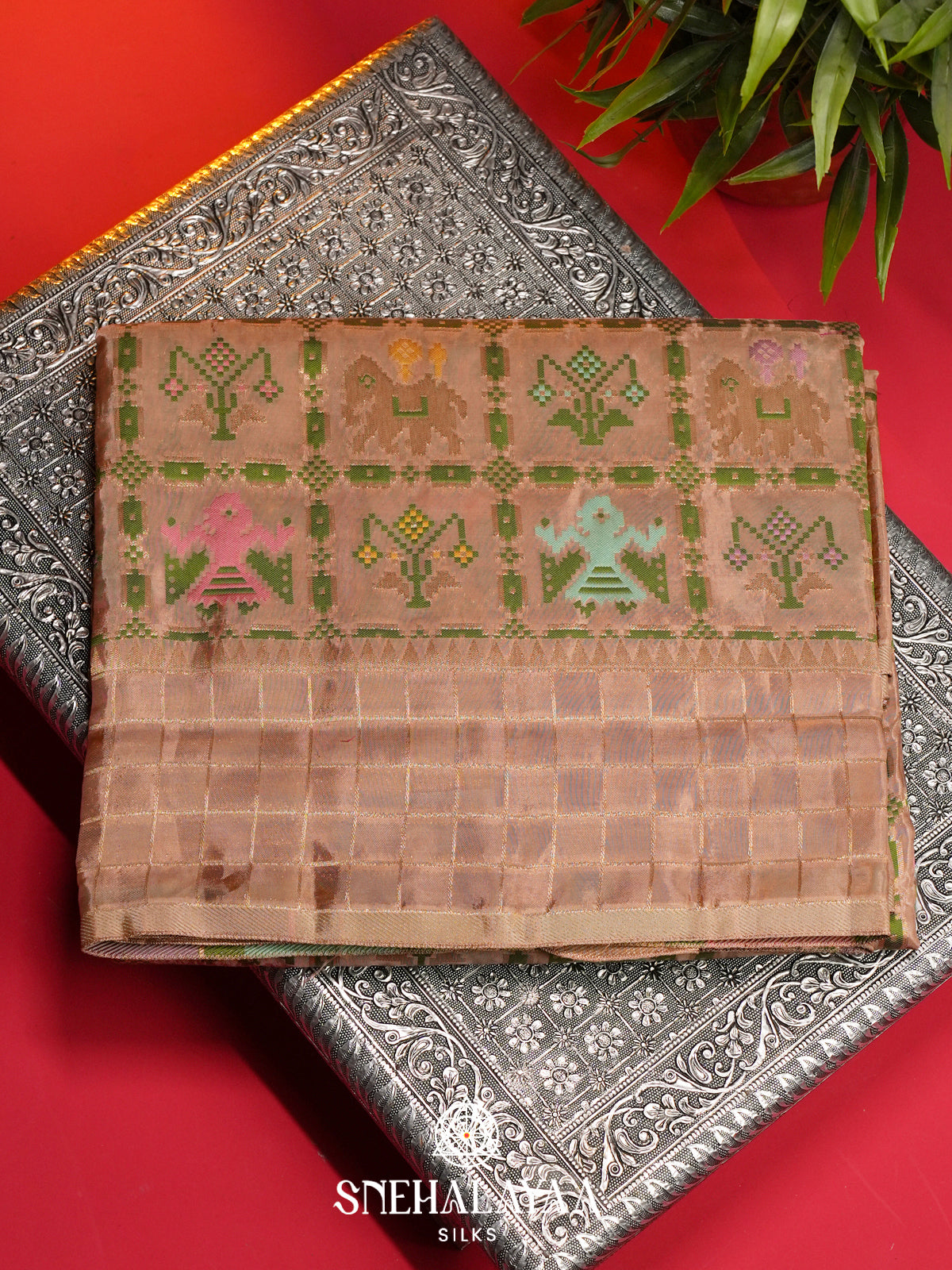 Brown Semi Pochampally Saree With multicolour Traditional Ikkat Weave