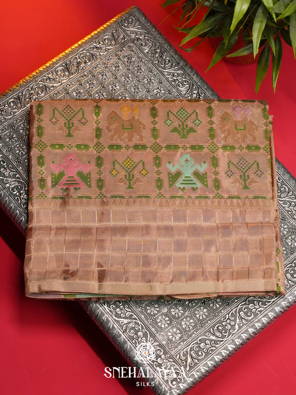 Brown Semi Pochampally Saree With multicolour Traditional Ikkat Weave