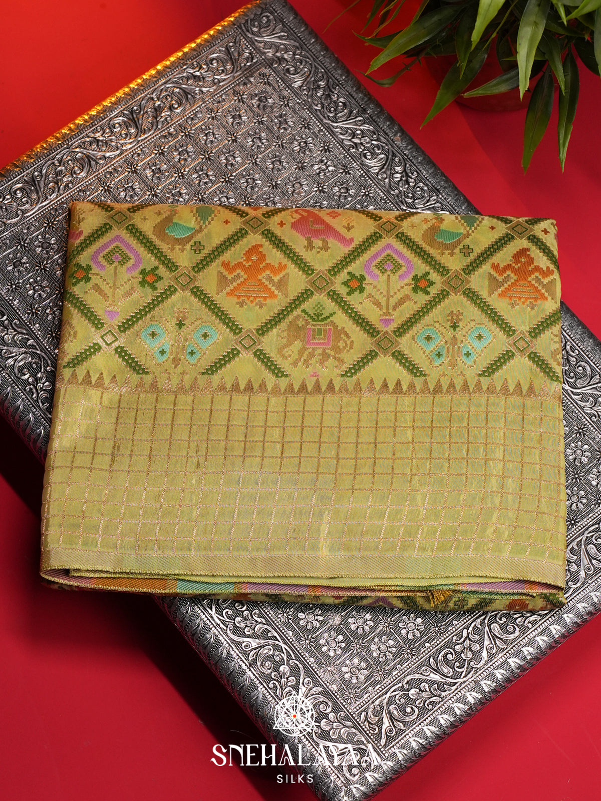 Lime Green Semi Pochampally Saree With multicolour Traditional Ikkat Weave