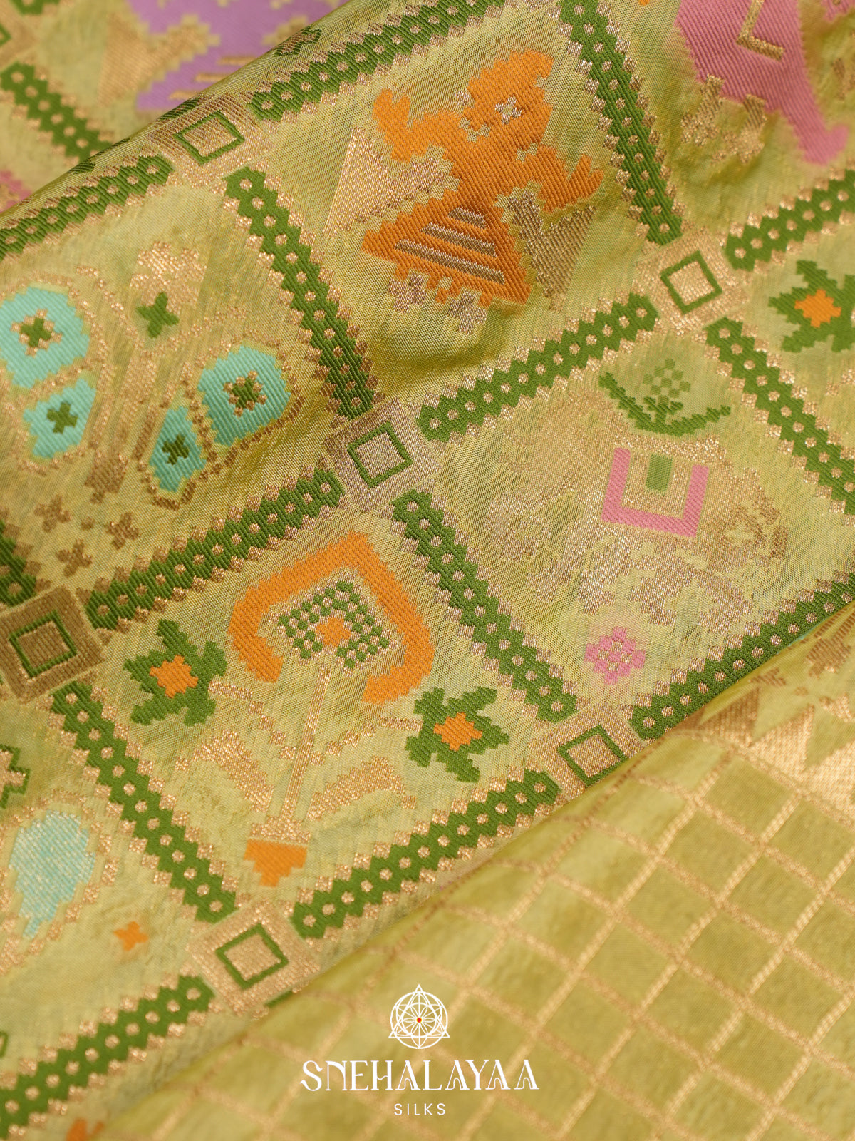 Lime Green Semi Pochampally Saree With multicolour Traditional Ikkat Weave