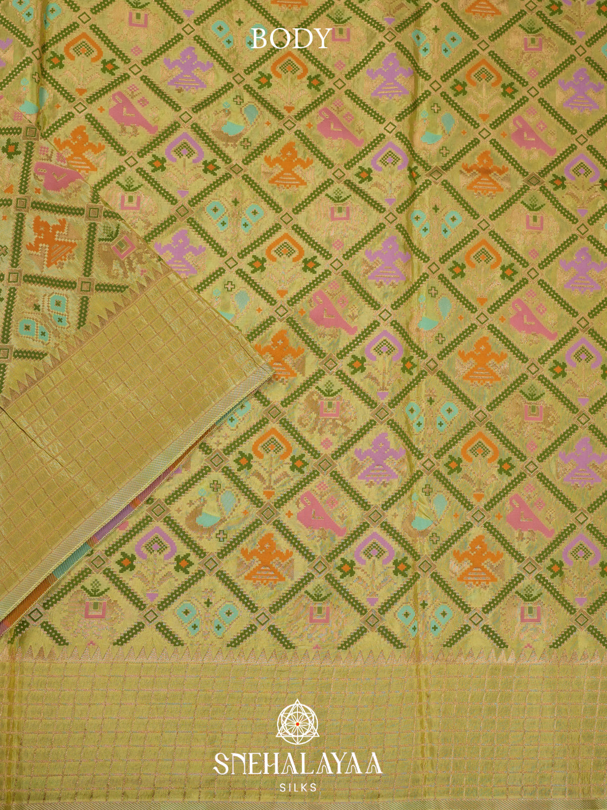 Lime Green Semi Pochampally Saree With multicolour Traditional Ikkat Weave