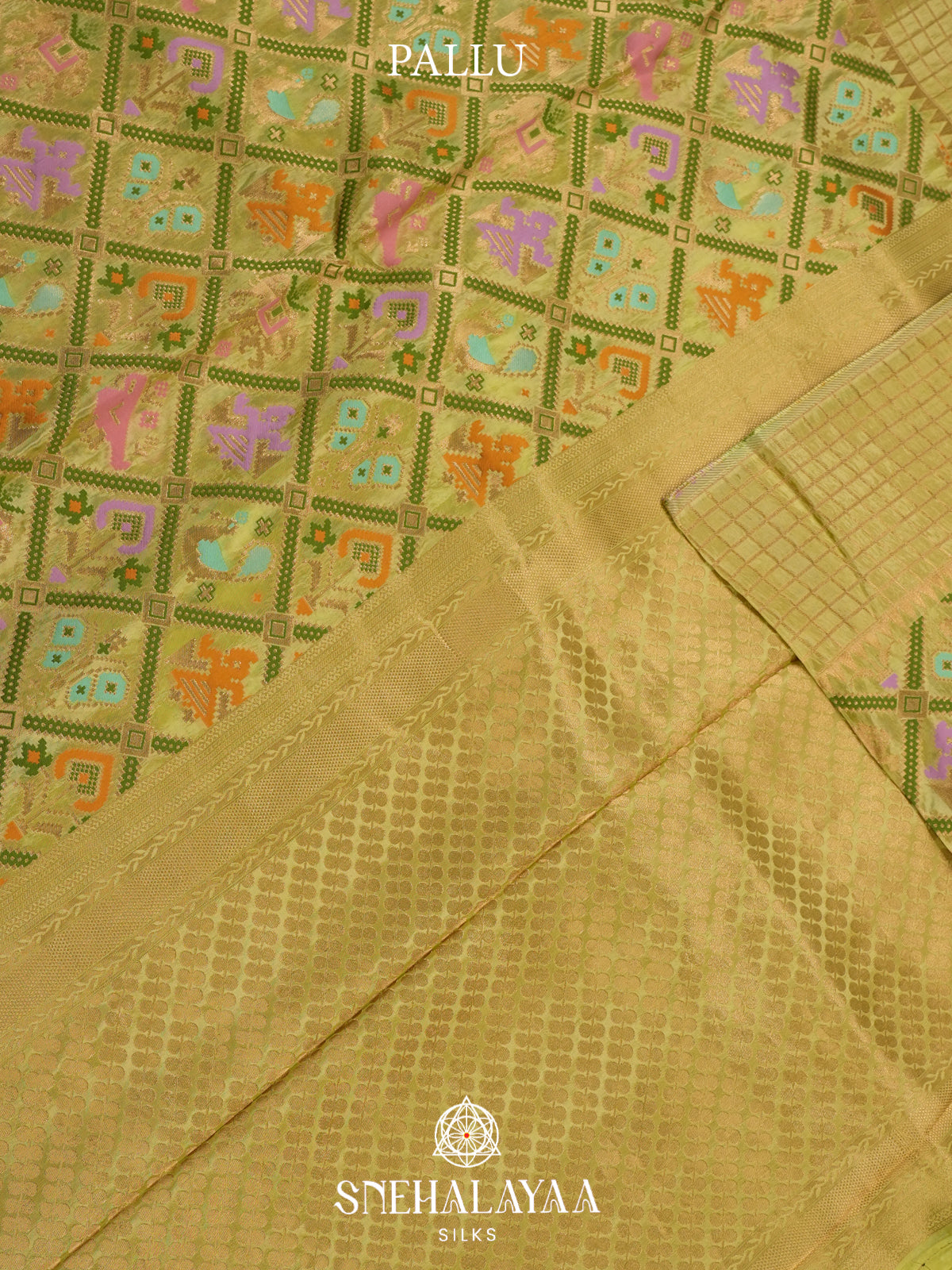 Lime Green Semi Pochampally Saree With multicolour Traditional Ikkat Weave