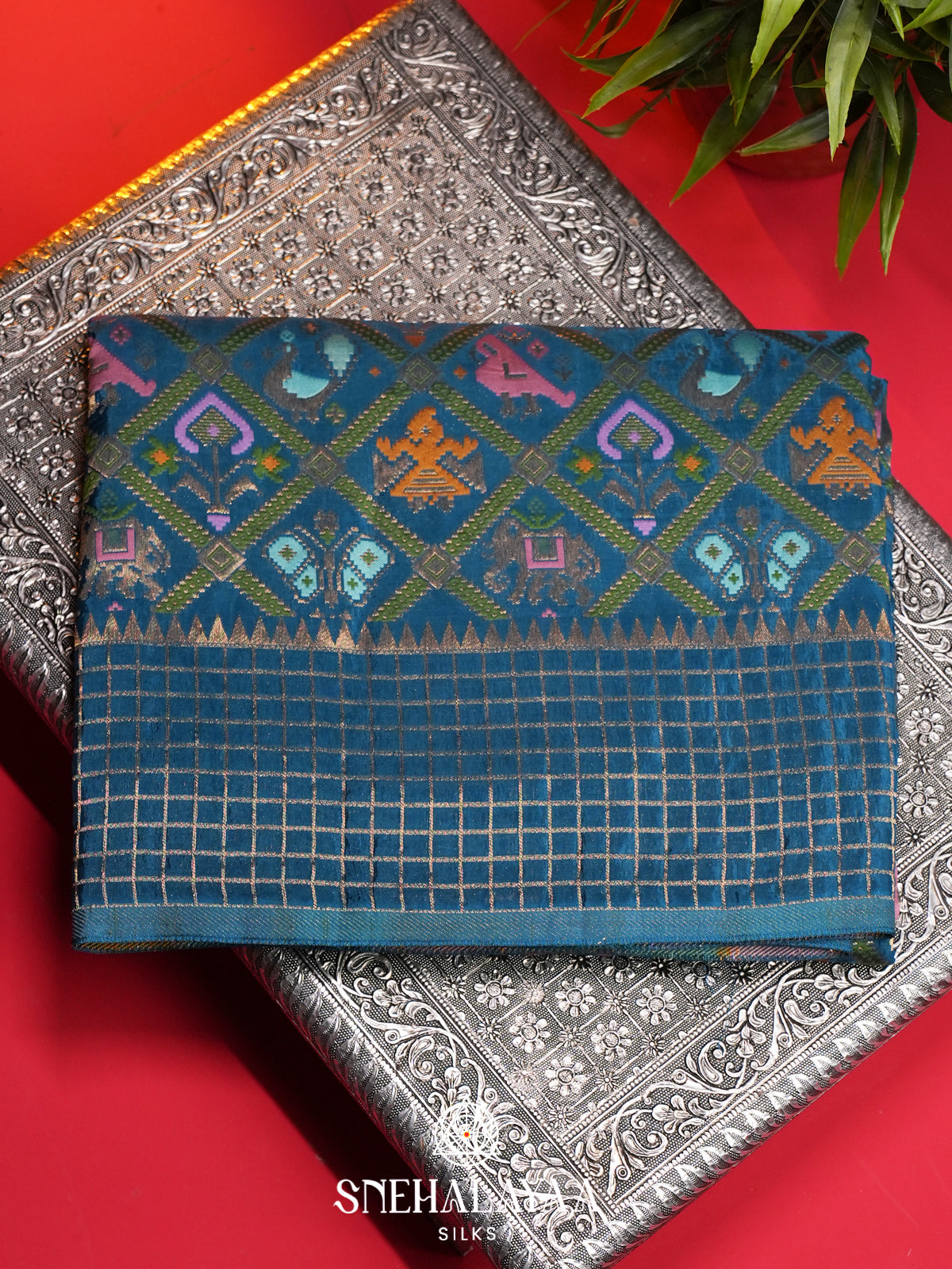 Aqua Blue Semi Pochampally Saree With multicolour Traditional Ikkat Weave