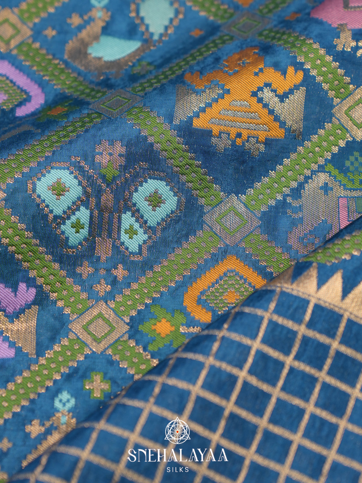 Aqua Blue Semi Pochampally Saree With multicolour Traditional Ikkat Weave