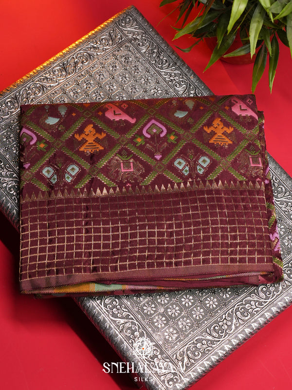 Maroon Semi Pochampally Saree With multicolour Traditional Ikkat Weave