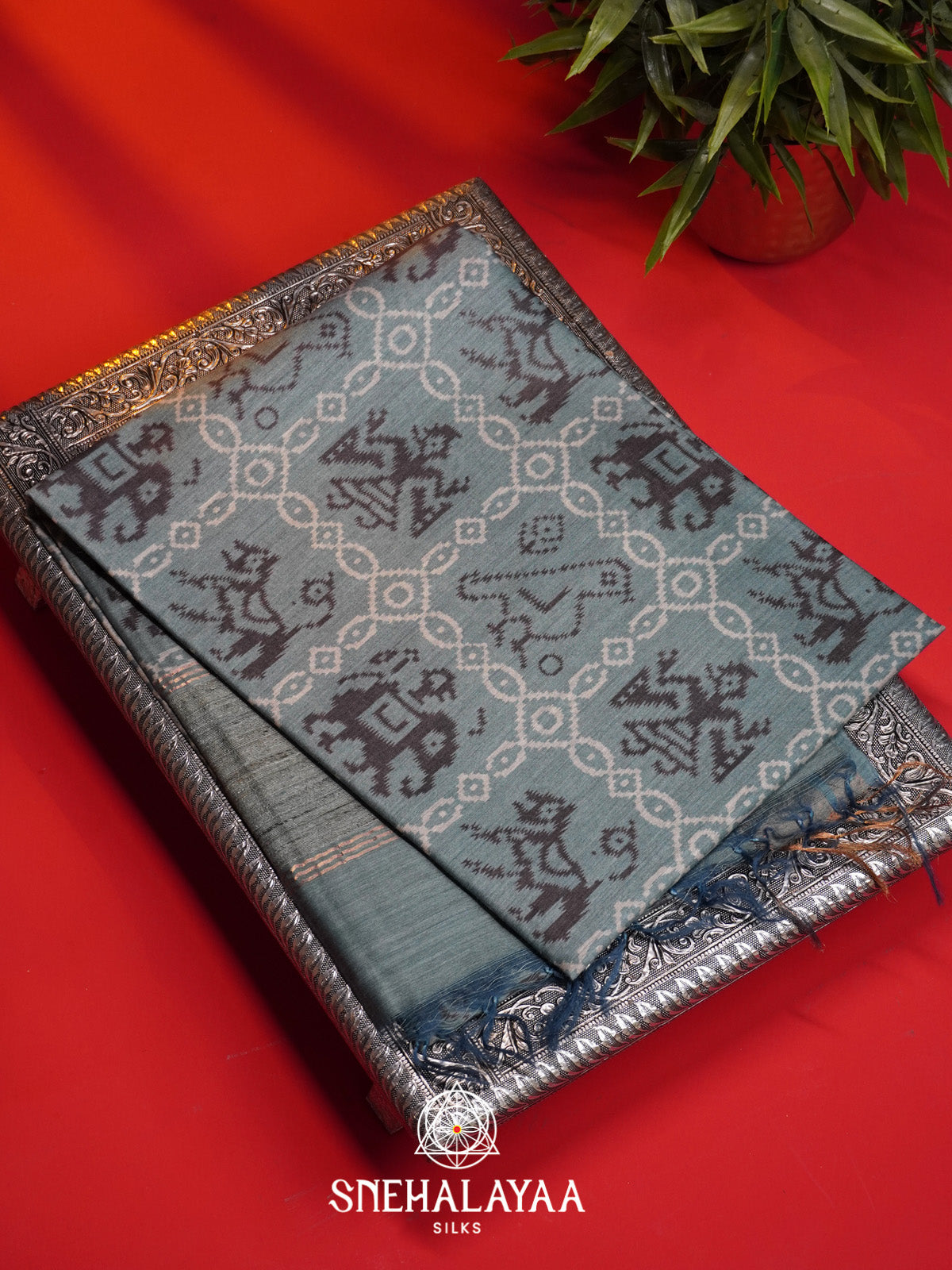 Grey Tussar Silk Saree