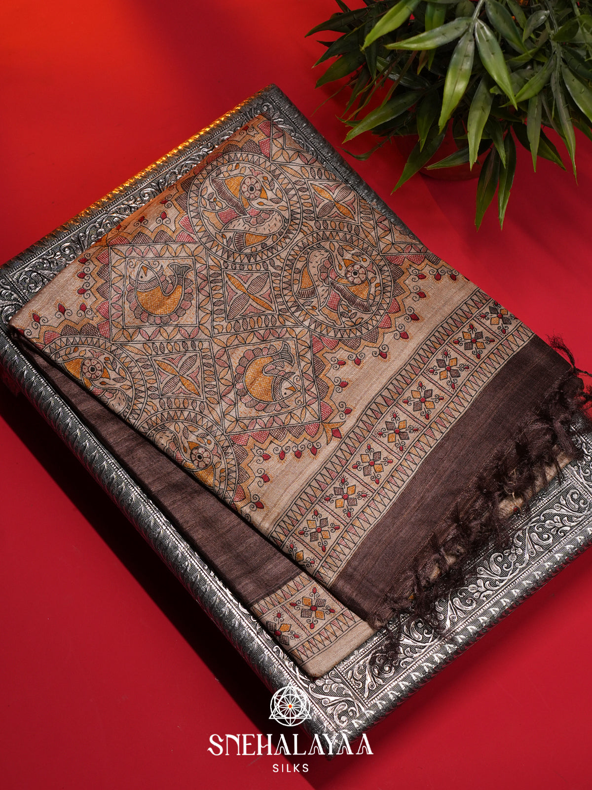 Brown Madhubani Tussar Saree