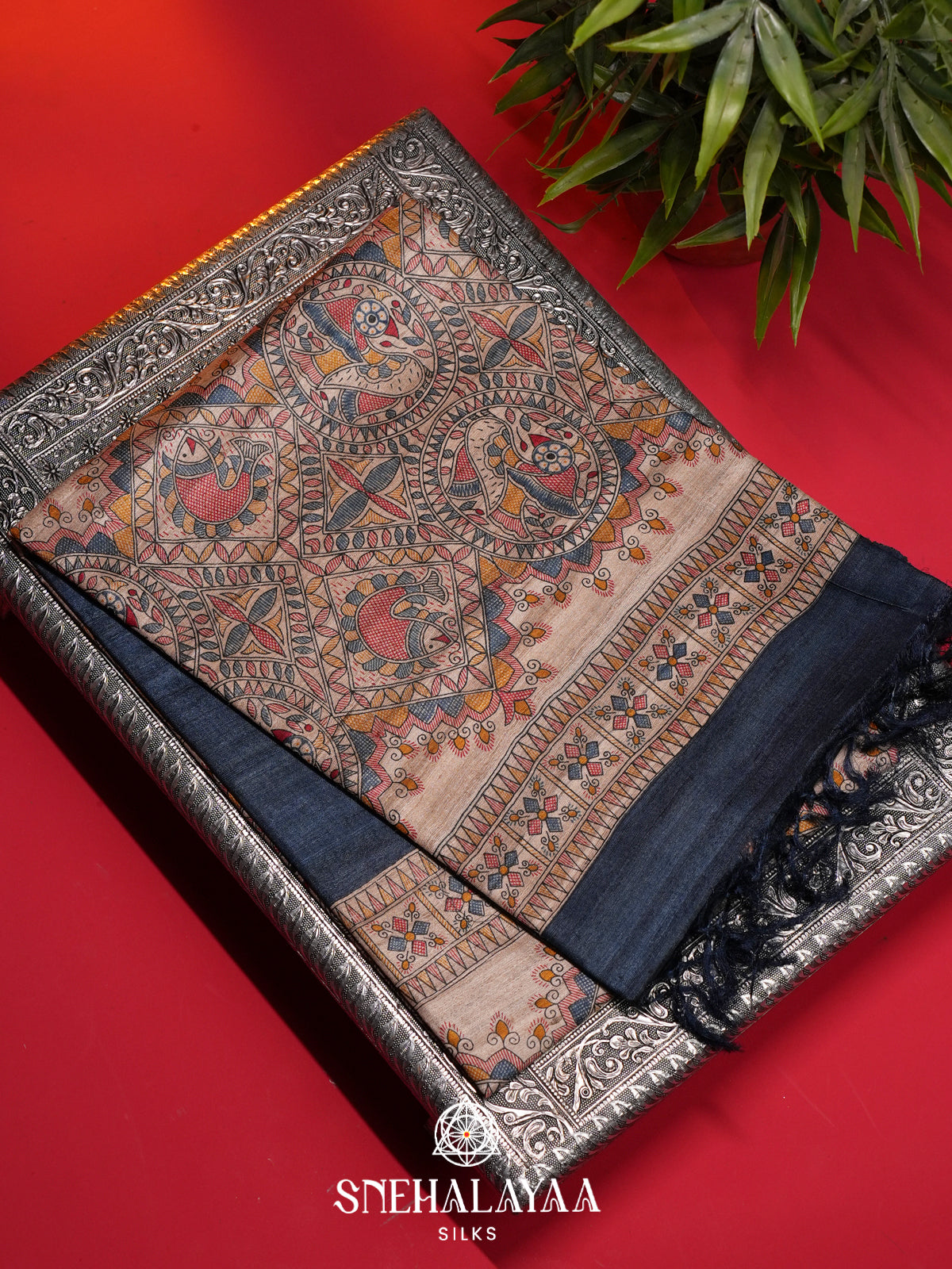 Ink Blue Madhubani Tussar Saree