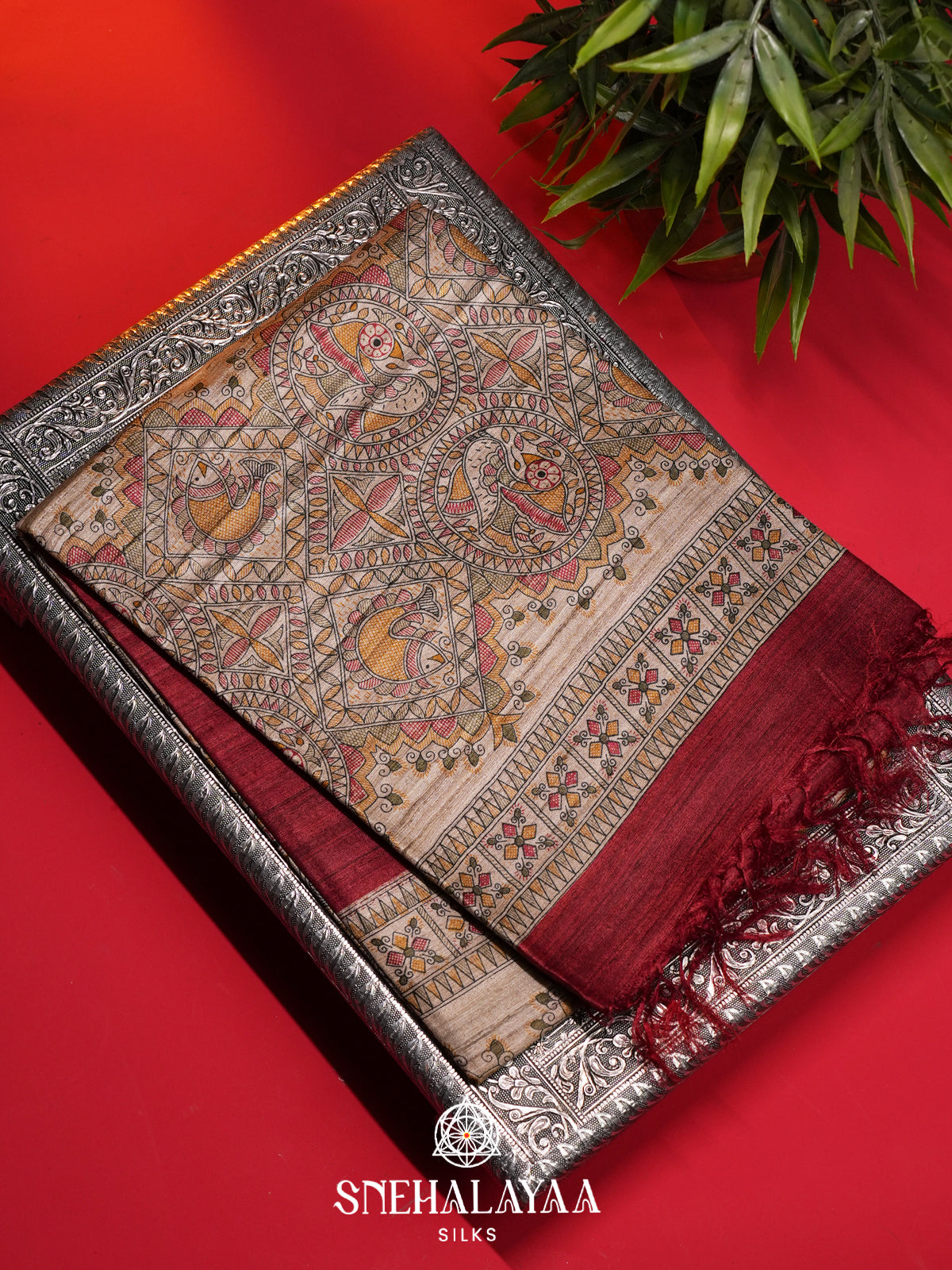 Maroon Madhubani Tussar Saree