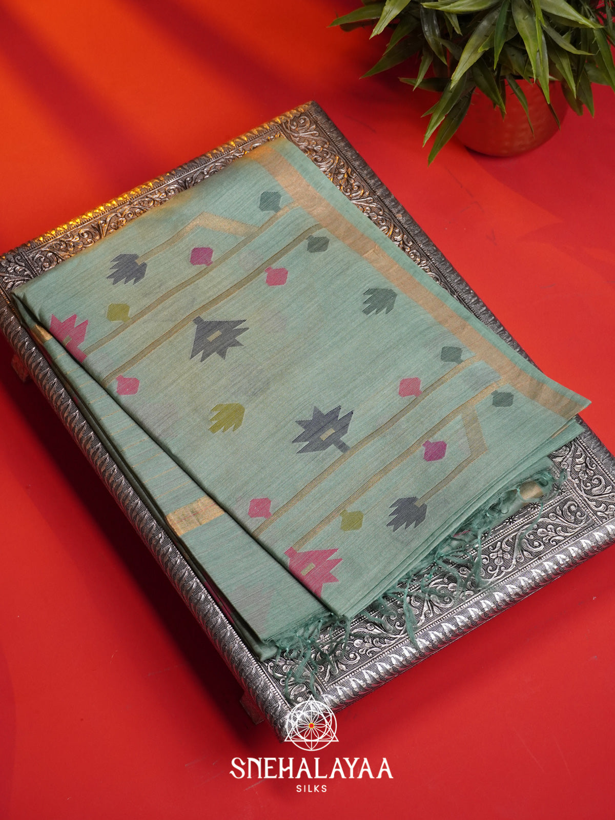 Seafoam Green Matka Tussar Silk Saree