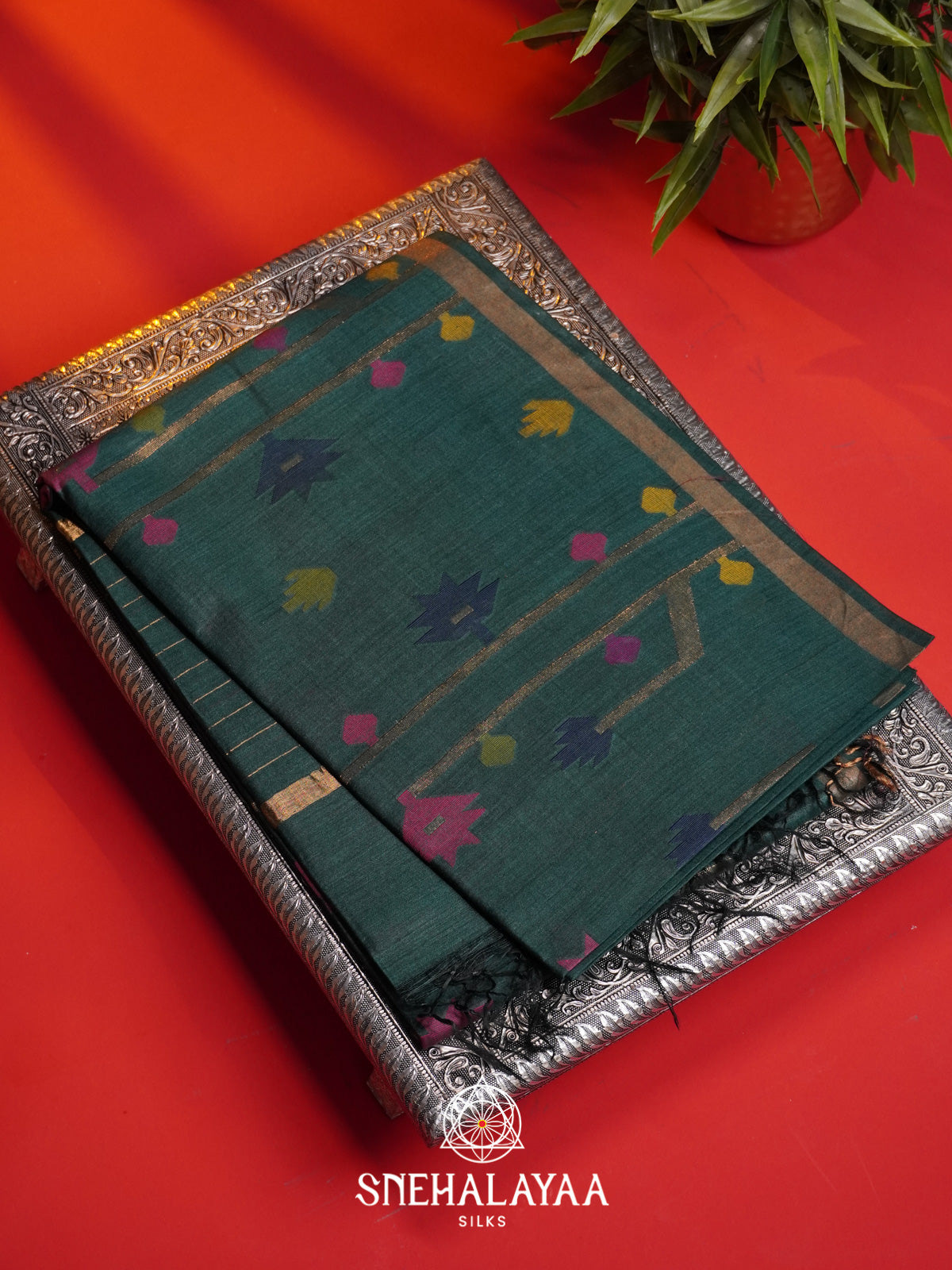 Teal Green Matka Tussar Silk Saree