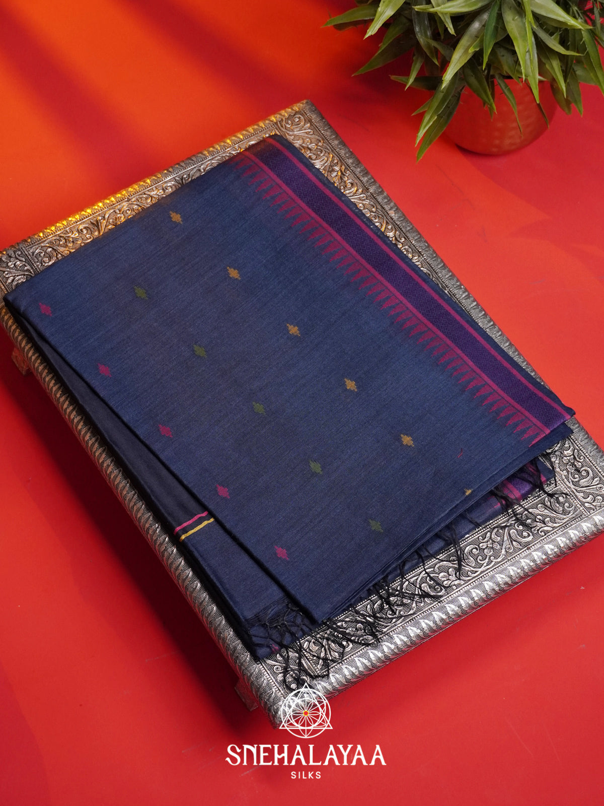 Navy Blue Matka Tussar Silk Saree