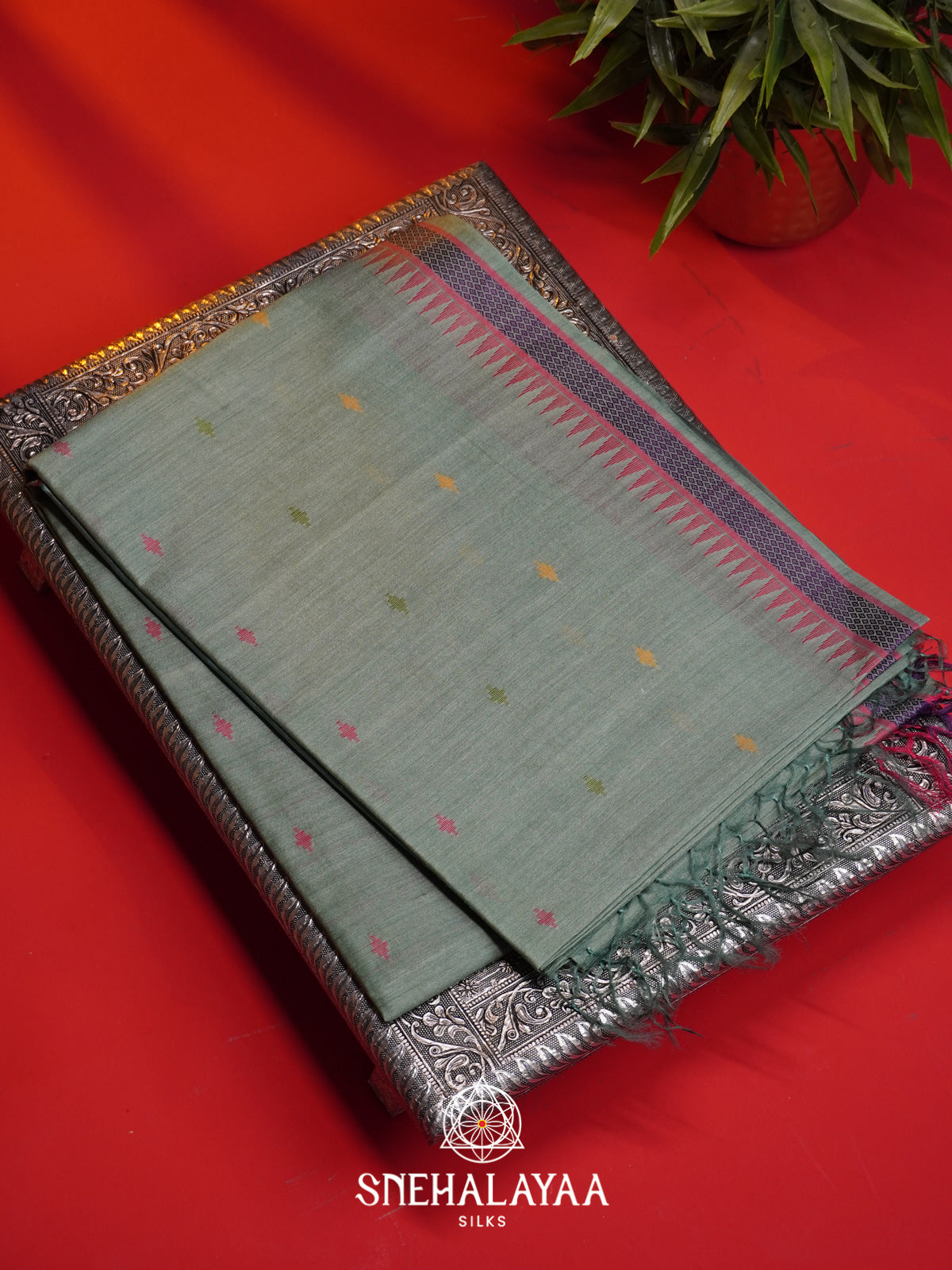 Sage Green Matka Tussar Silk Saree