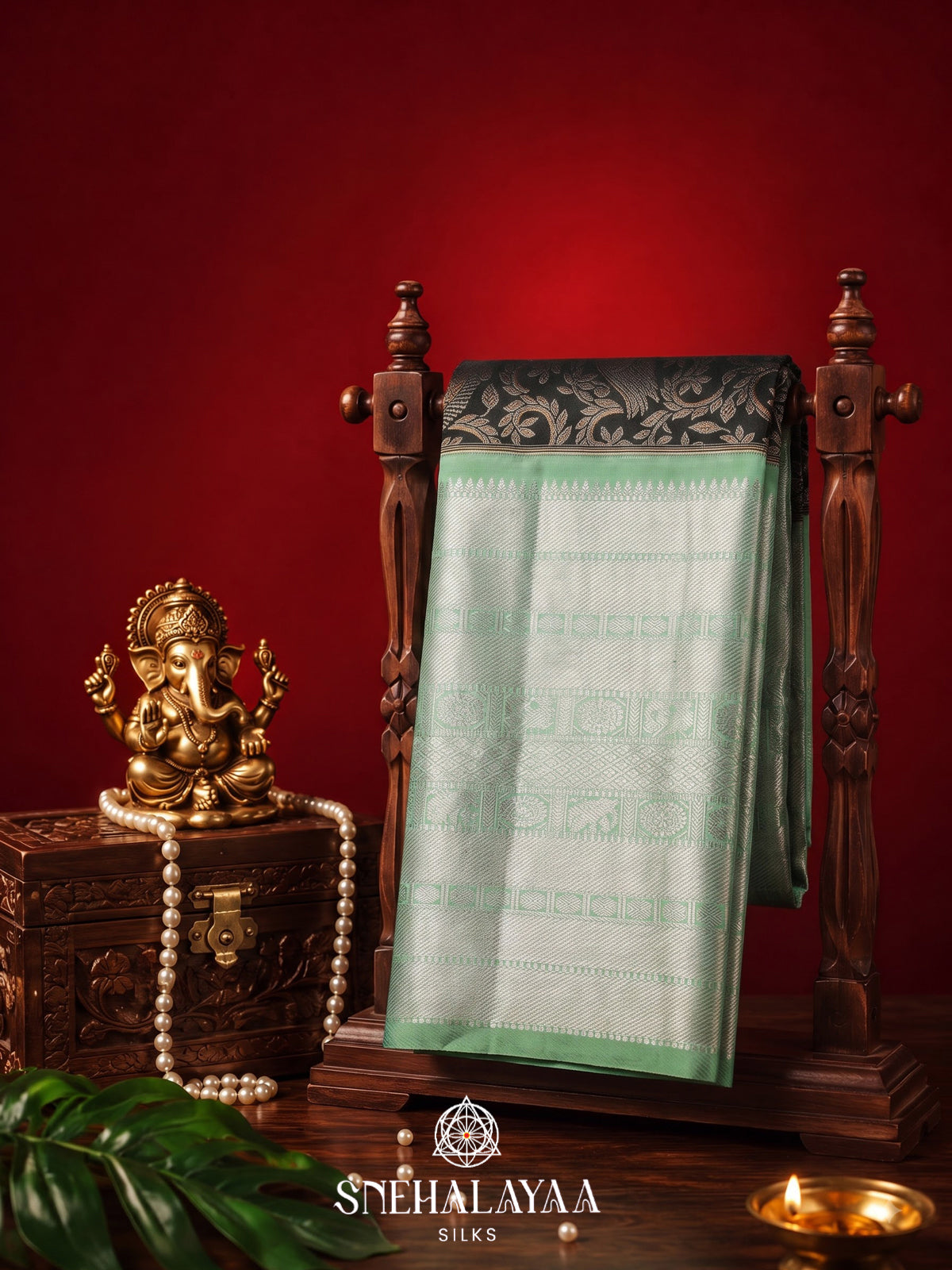 Green Kanjivaram Silk Saree with Mint Green Zari Border