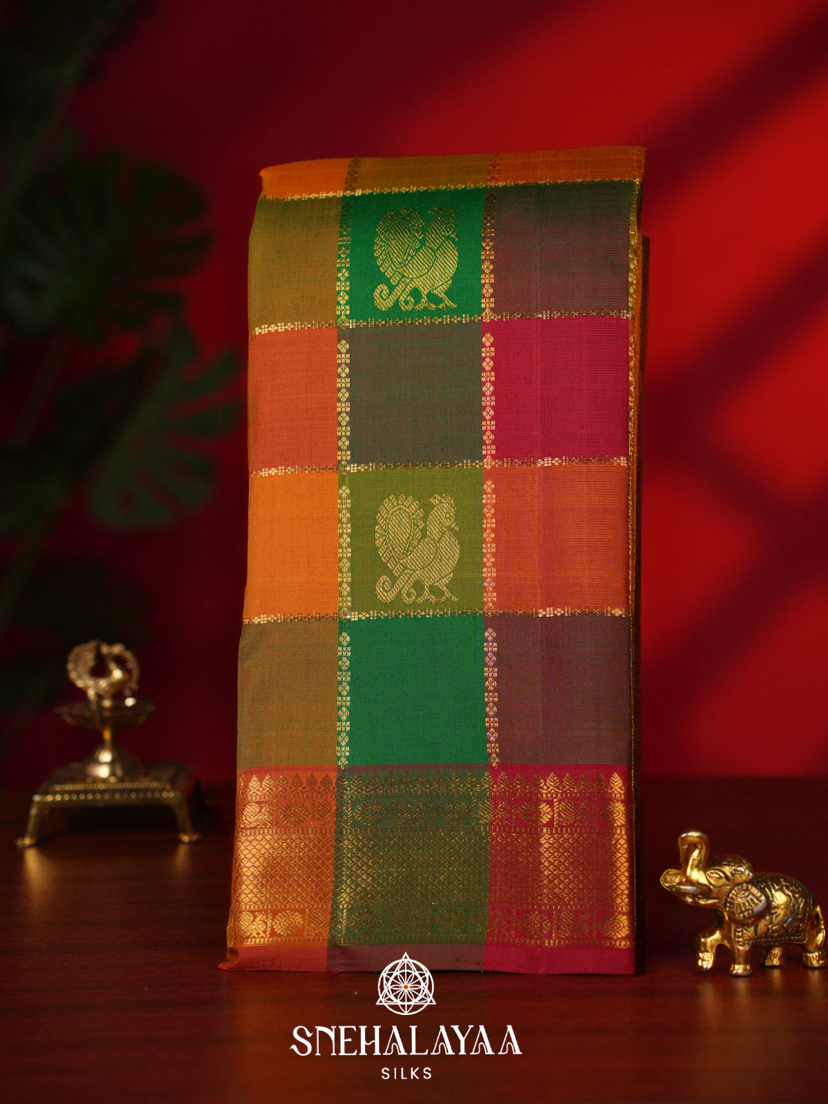 Pazhamum Palamum Kanjivaram Silk Saree with Peacock Zari Buttas and Gold Zari Border
