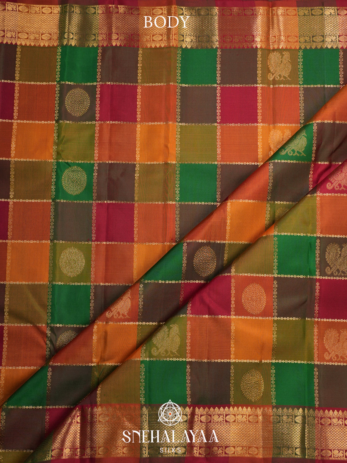 Pazhamum Palamum Kanjivaram Silk Saree with Peacock Zari Buttas and Gold Zari Border