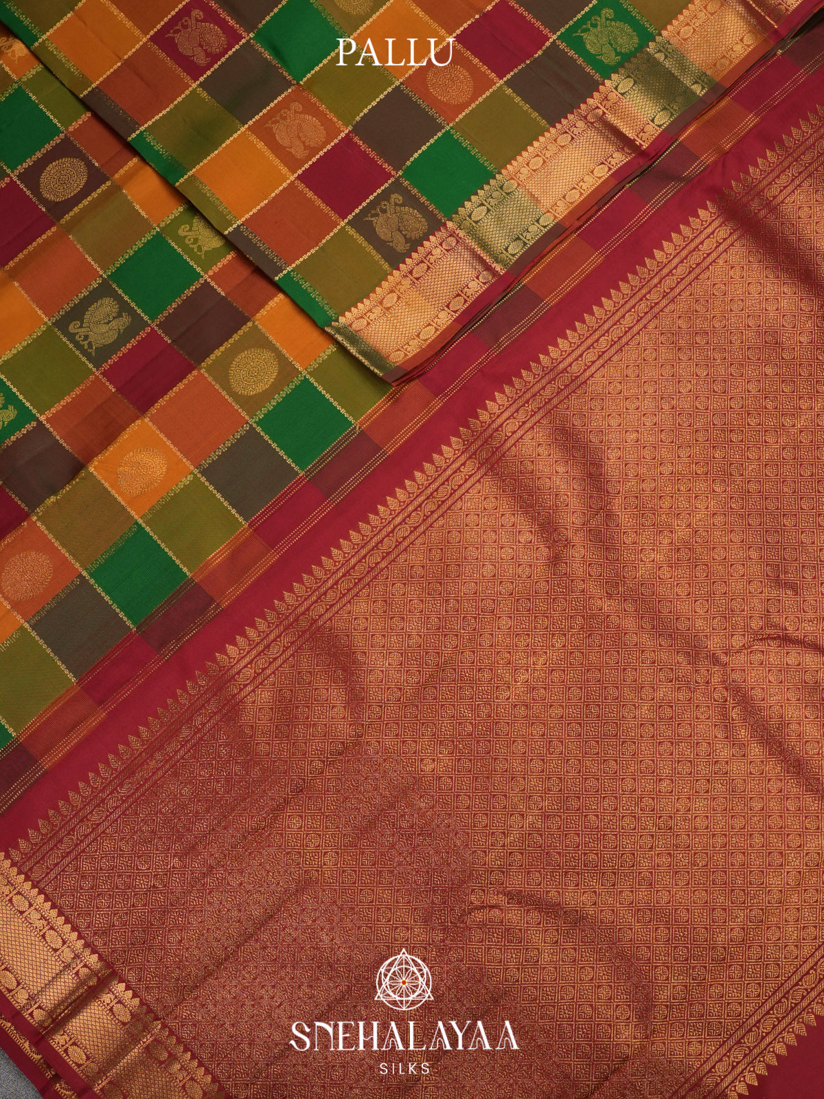 Pazhamum Palamum Kanjivaram Silk Saree with Peacock Zari Buttas and Gold Zari Border