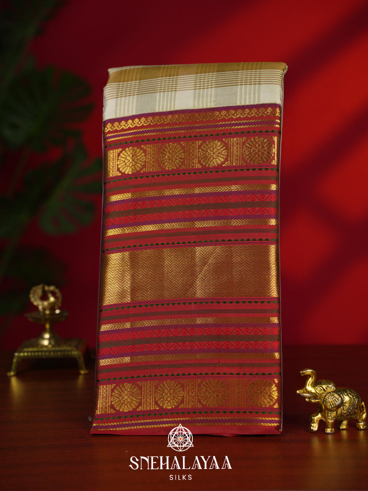 Beige Checked Kanjivaram Silk Saree with Traditional Red Gold Zari Border