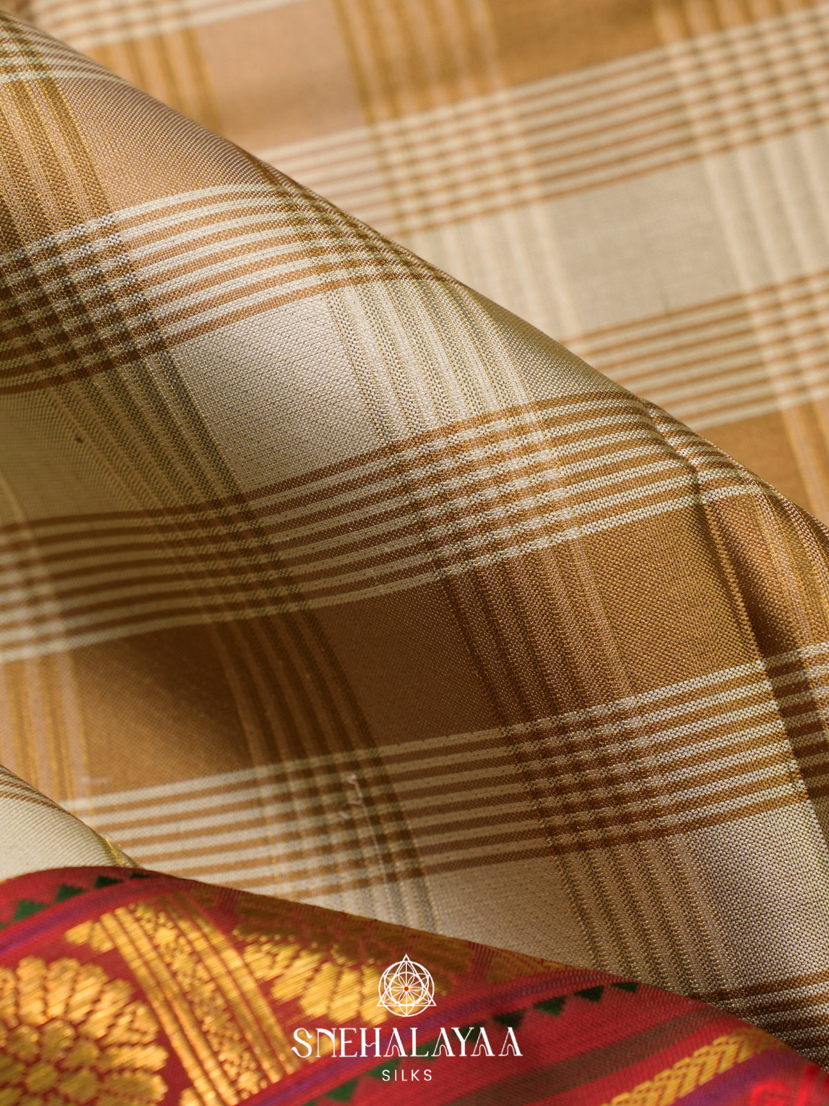 Beige Checked Kanjivaram Silk Saree with Traditional Red Gold Zari Border