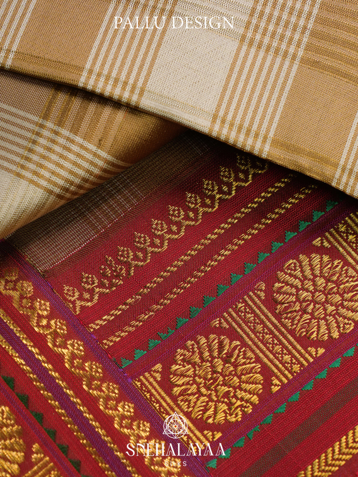 Beige Checked Kanjivaram Silk Saree with Traditional Red Gold Zari Border