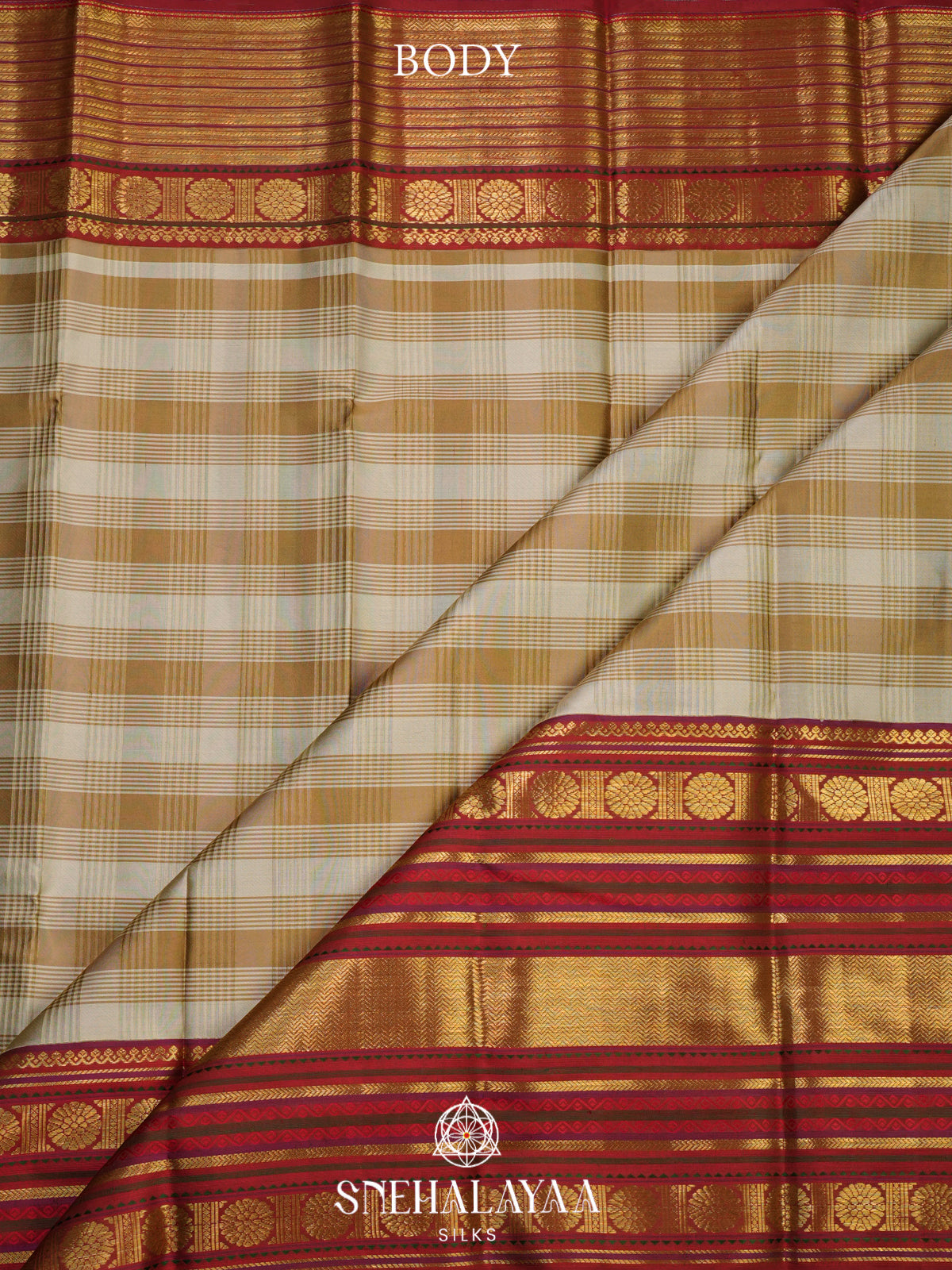 Beige Checked Kanjivaram Silk Saree with Traditional Red Gold Zari Border
