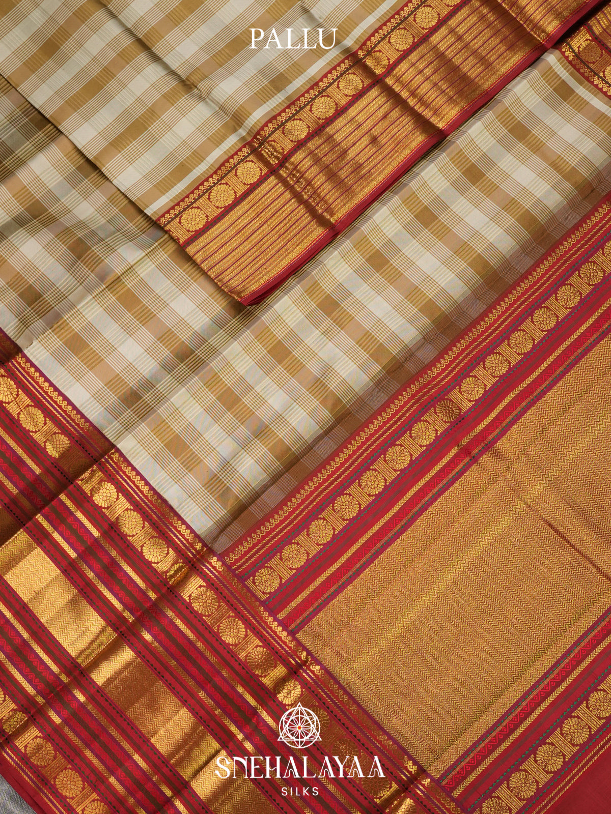 Beige Checked Kanjivaram Silk Saree with Traditional Red Gold Zari Border