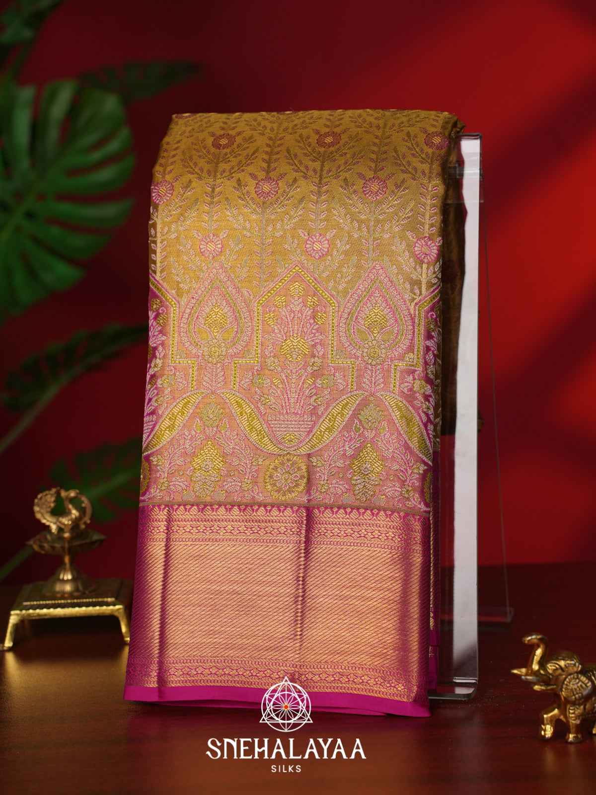 Golden Tissue Kanjivaram Silk Saree with Pink Zari Border