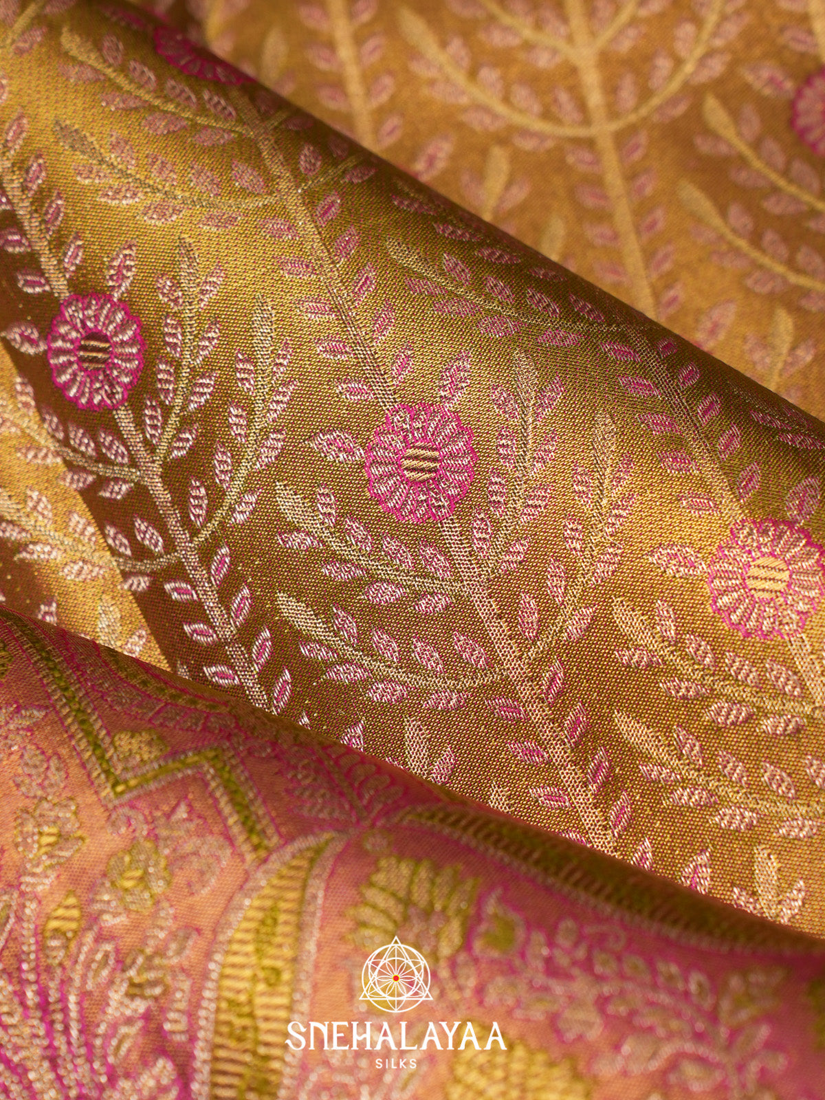 Golden Tissue Kanjivaram Silk Saree with Pink Zari Border