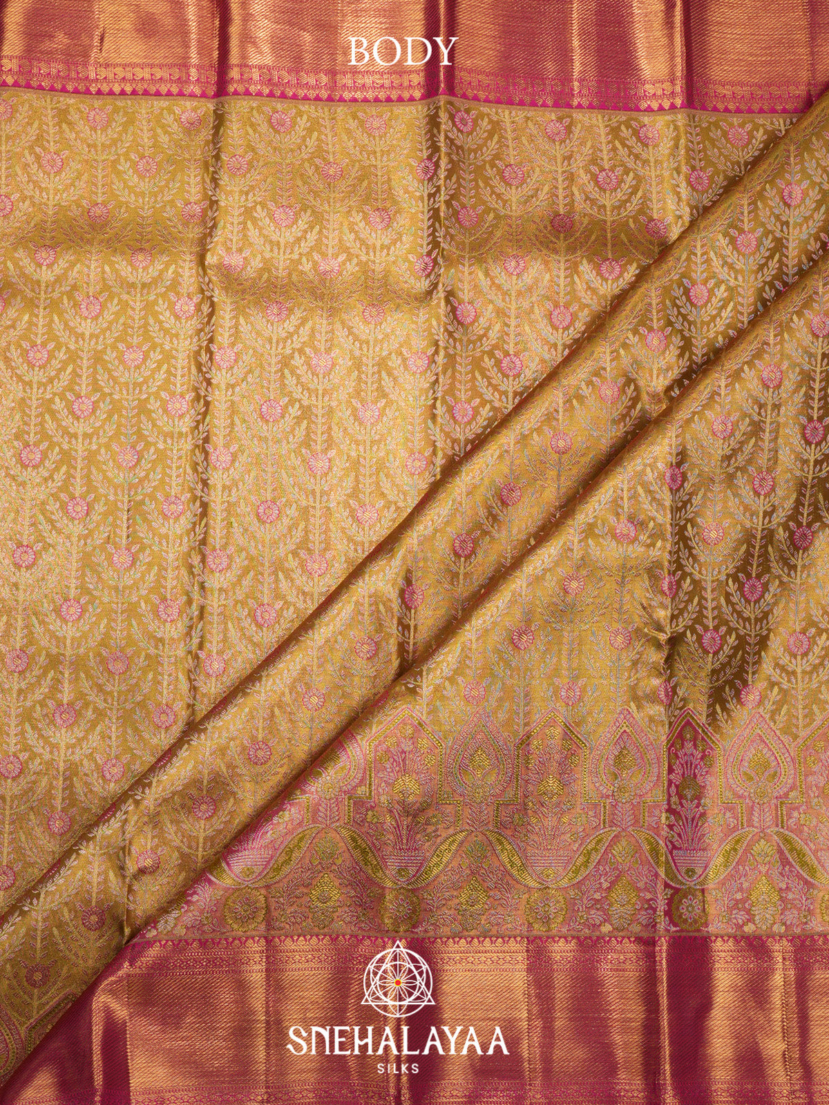 Golden Tissue Kanjivaram Silk Saree with Pink Zari Border
