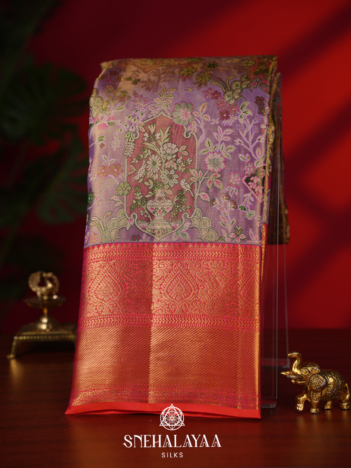 Lavender Kanjivaram Silk Saree with Multicolor Floral Weaving and Red Gold Zari Border