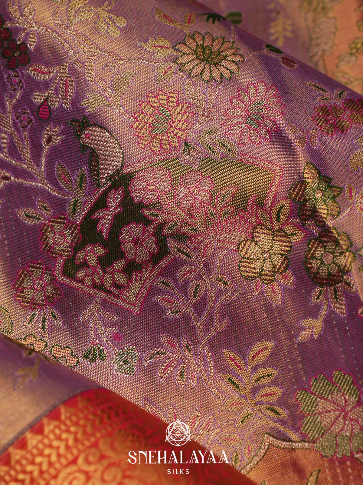 Lavender Kanjivaram Silk Saree with Multicolor Floral Weaving and Red Gold Zari Border