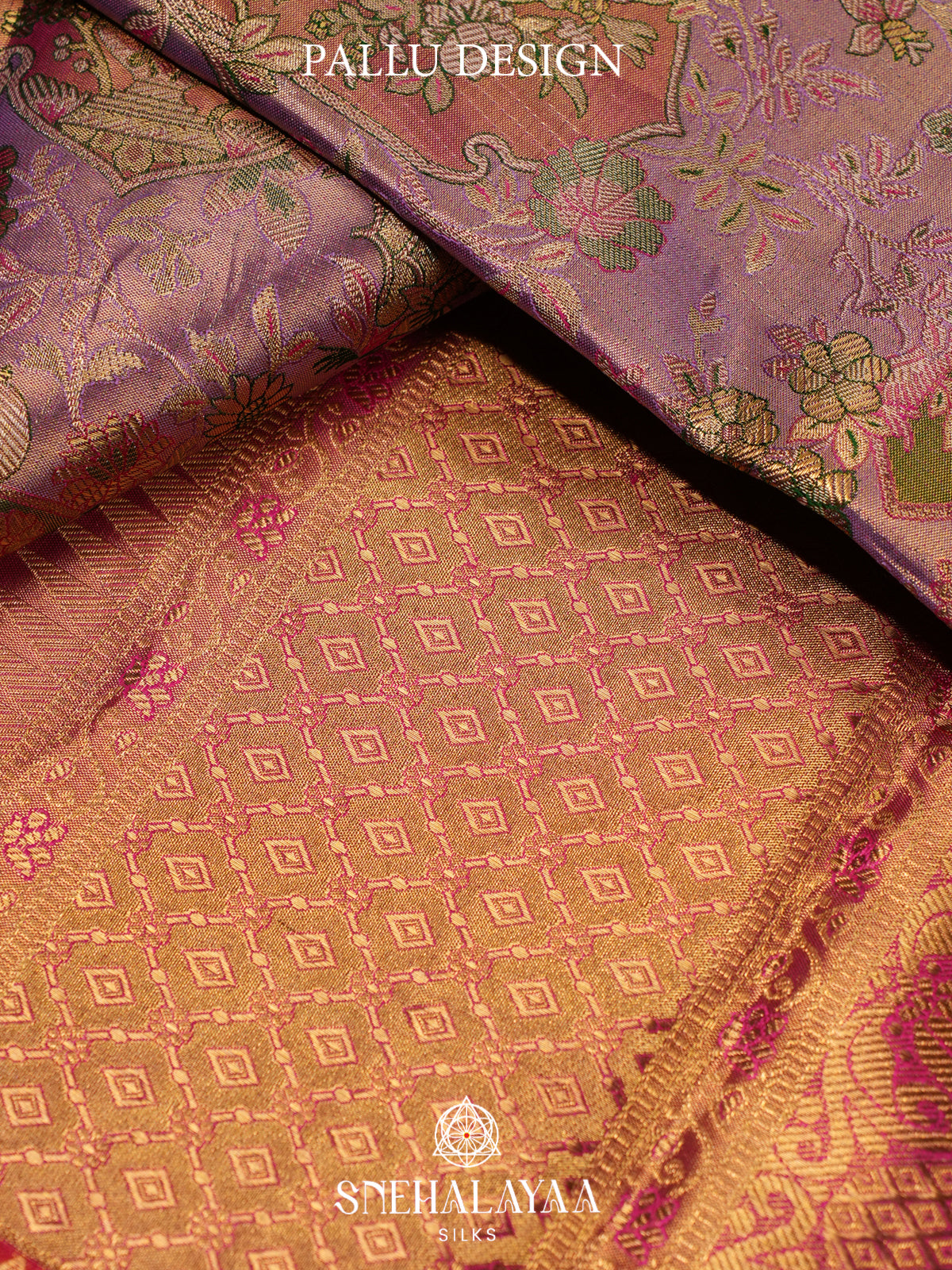 Lavender Kanjivaram Silk Saree with Multicolor Floral Weaving and Red Gold Zari Border