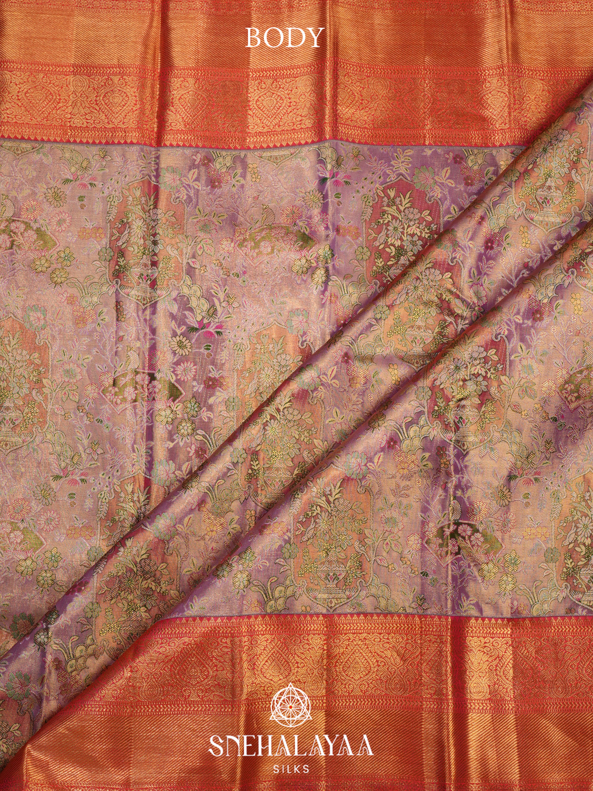 Lavender Kanjivaram Silk Saree with Multicolor Floral Weaving and Red Gold Zari Border