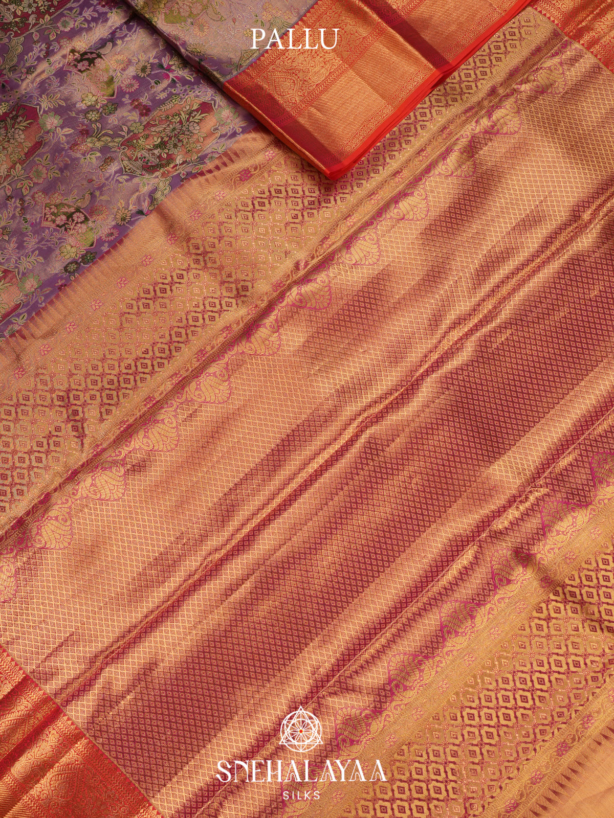Lavender Kanjivaram Silk Saree with Multicolor Floral Weaving and Red Gold Zari Border