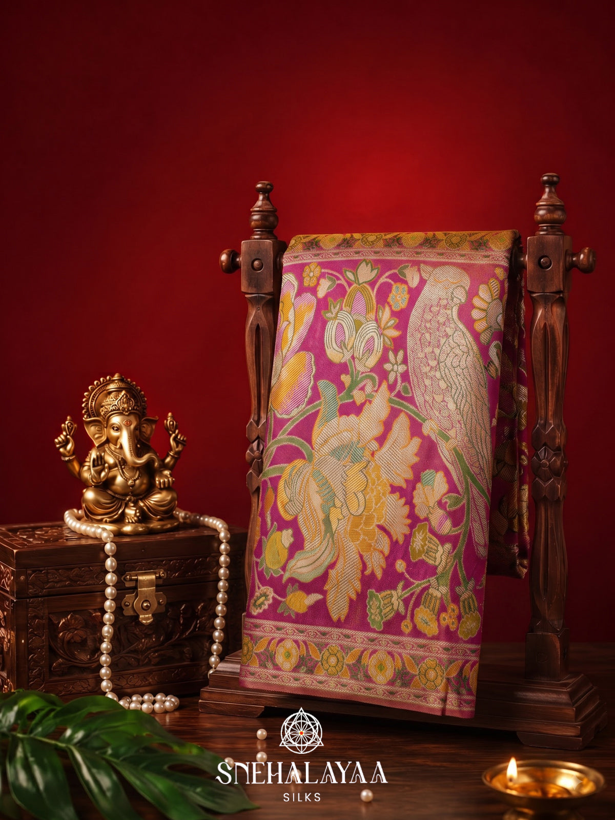 Mustard Yellow Kanjivaram Silk Saree with Floral & Peacock Zari Border