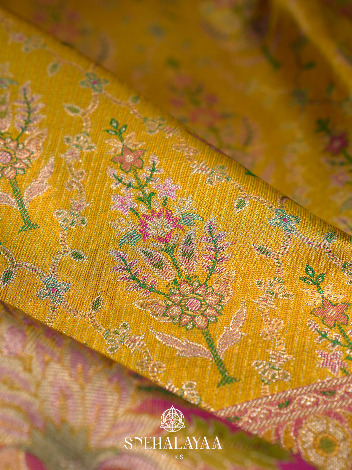 Mustard Yellow Kanjivaram Silk Saree with Floral & Peacock Zari Border
