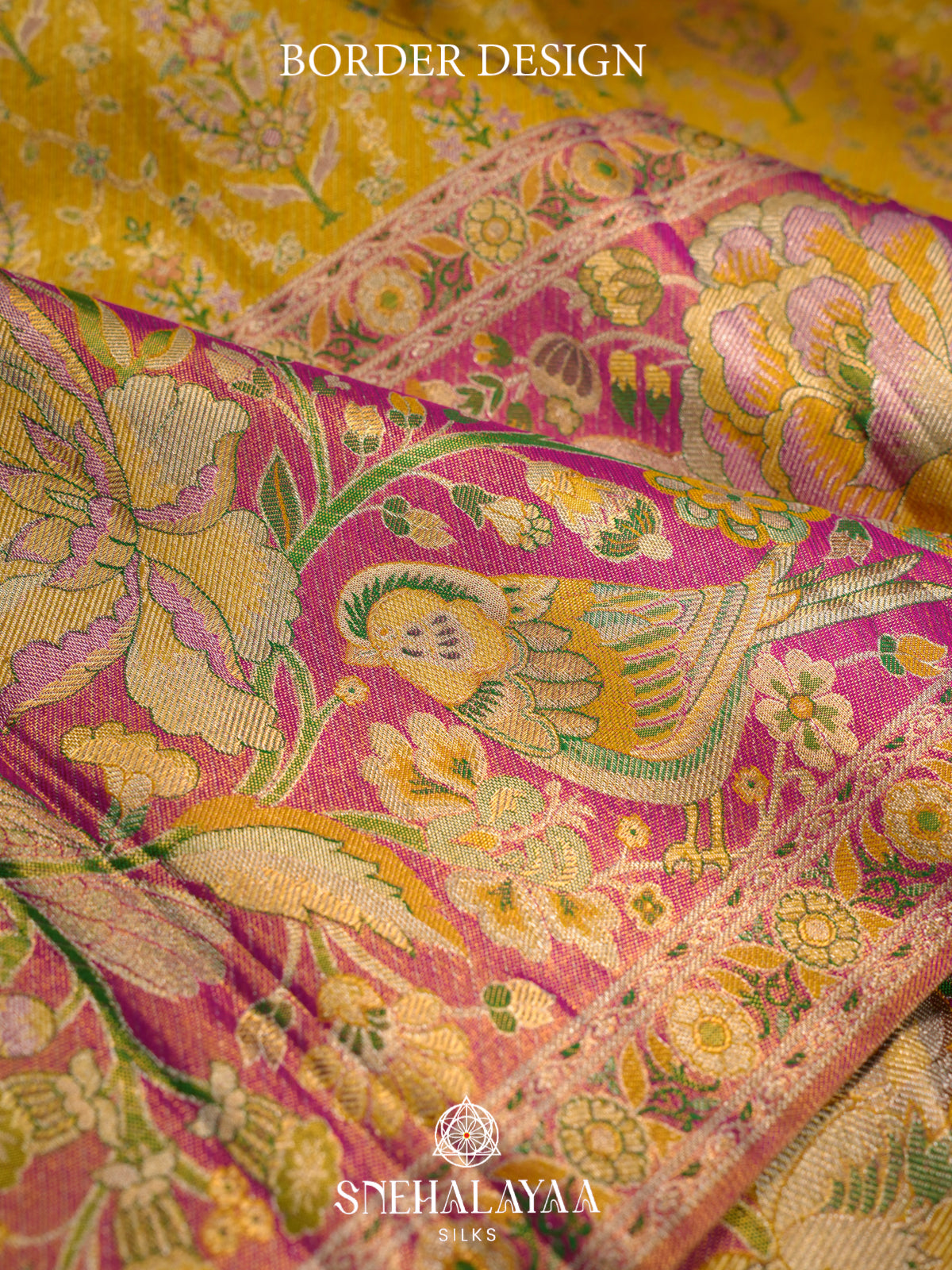 Mustard Yellow Kanjivaram Silk Saree with Floral & Peacock Zari Border