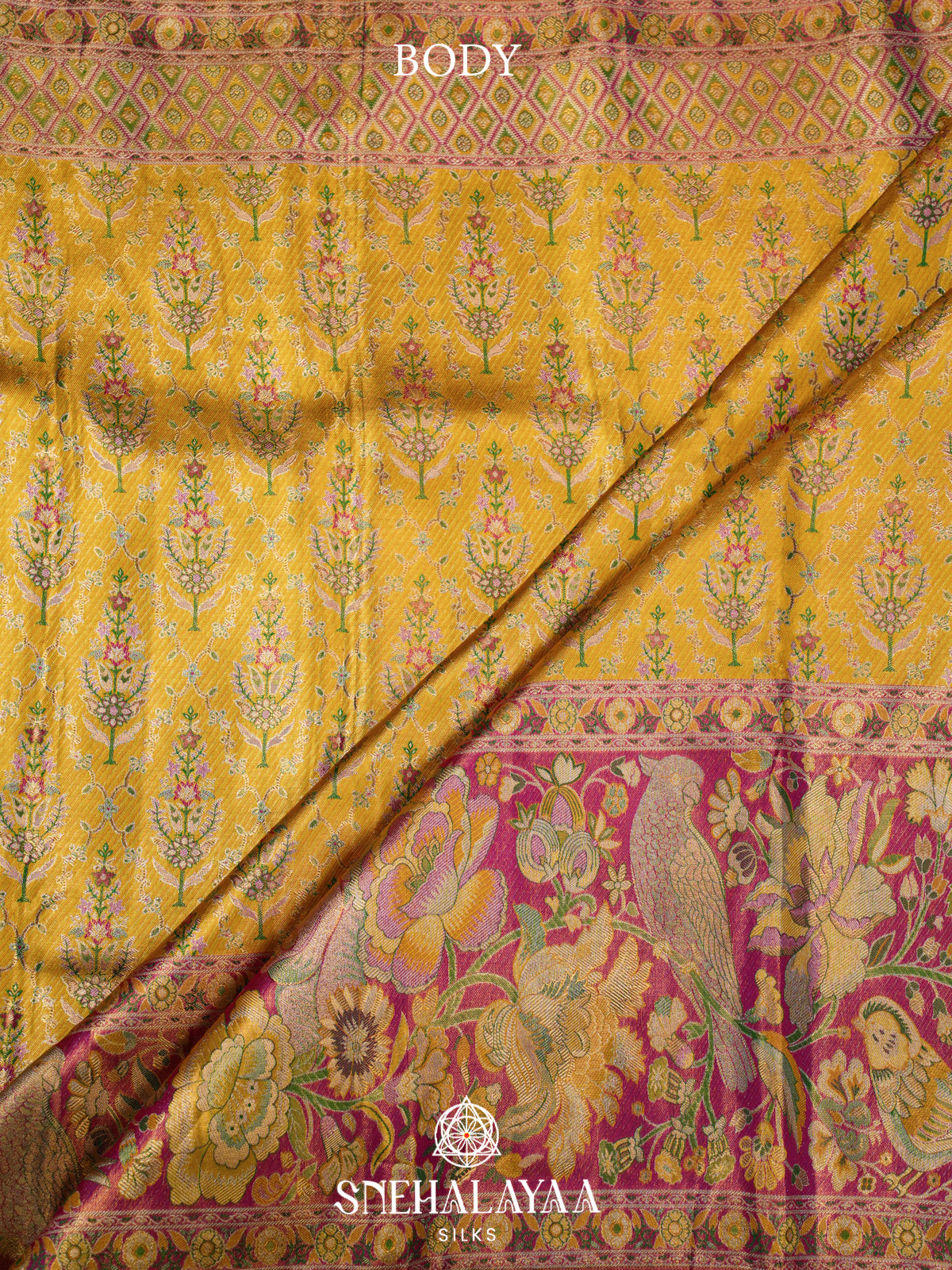 Mustard Yellow Kanjivaram Silk Saree with Floral & Peacock Zari Border