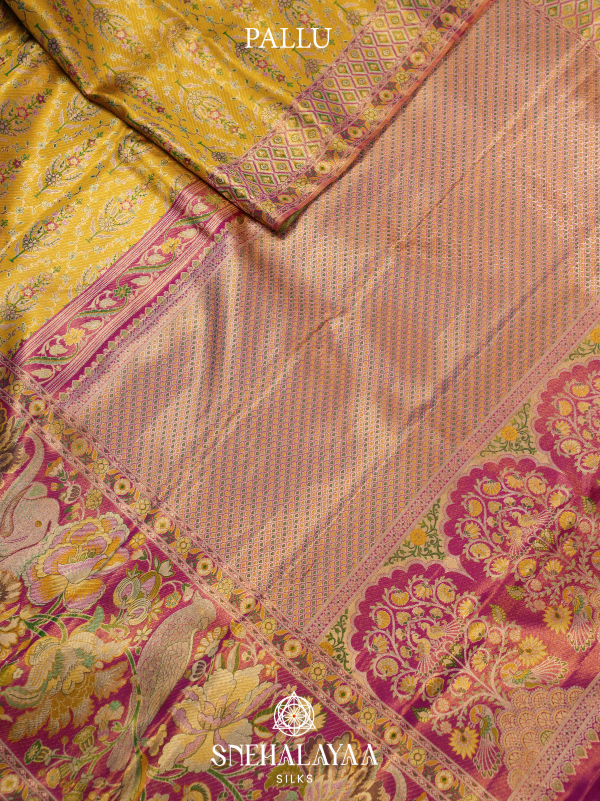 Mustard Yellow Kanjivaram Silk Saree with Floral & Peacock Zari Border