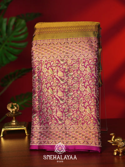 Mutlicolour Tissue Kanjivaram Silk Saree with Magenta Zari Border