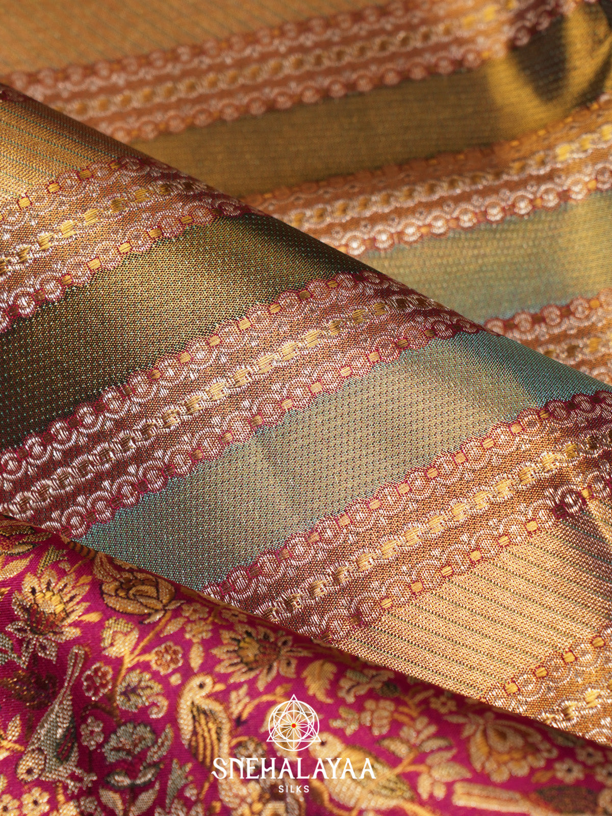 Mutlicolour Tissue Kanjivaram Silk Saree with Magenta Zari Border