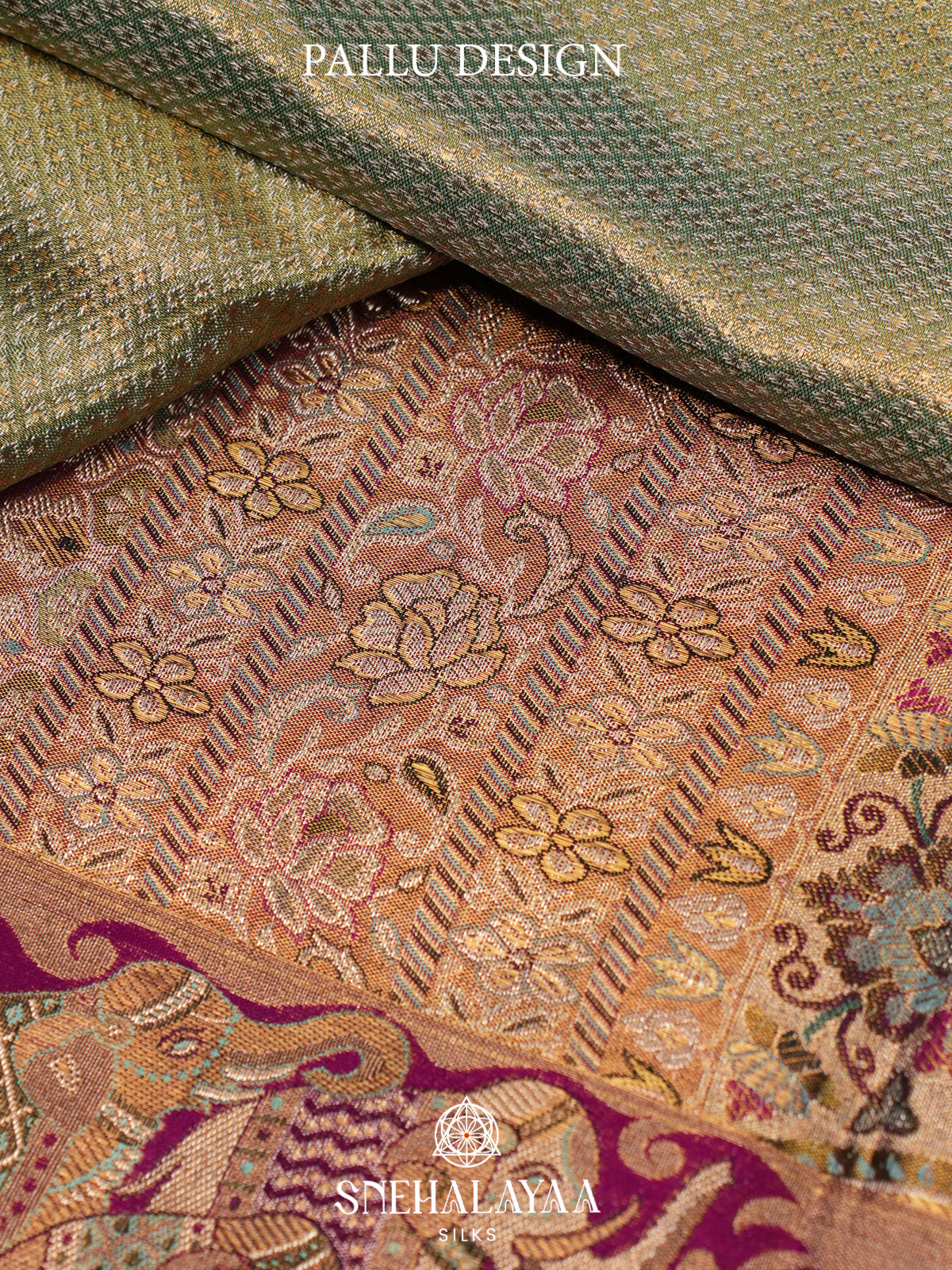 Sage Green Kanjivaram Silk Saree with Magenta Floral and Elephant Zari Border