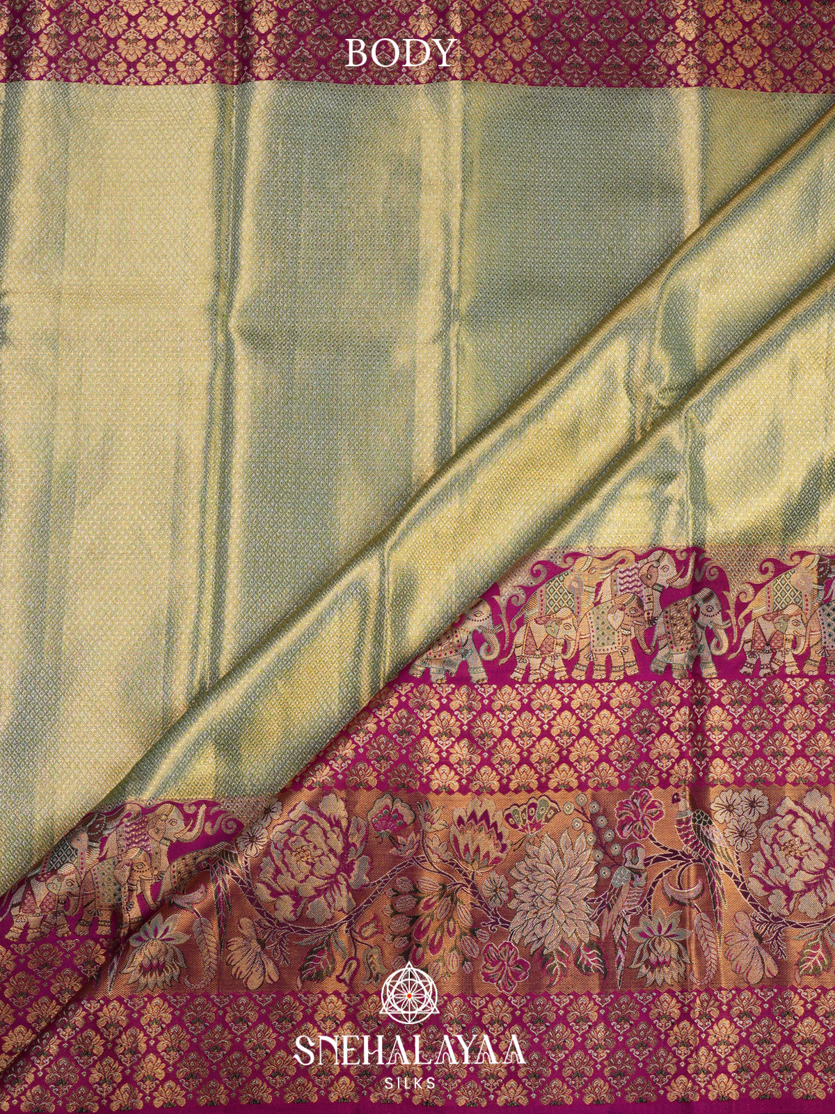 Sage Green Kanjivaram Silk Saree with Magenta Floral and Elephant Zari Border