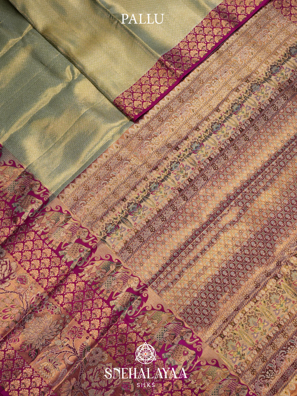 Sage Green Kanjivaram Silk Saree with Magenta Floral and Elephant Zari Border
