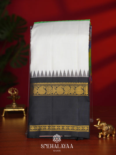 Multi Colour Checked Kanjivaram Silk Saree with Black Rettapet Zari Border