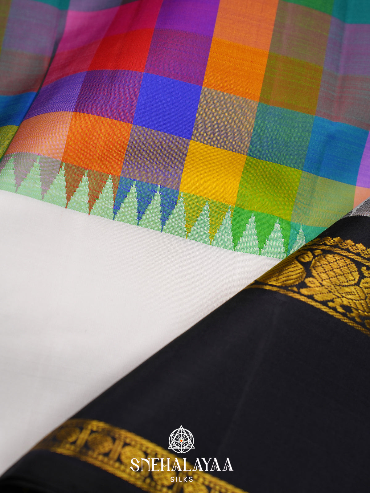 Multi Colour Checked Kanjivaram Silk Saree with Black Rettapet Zari Border