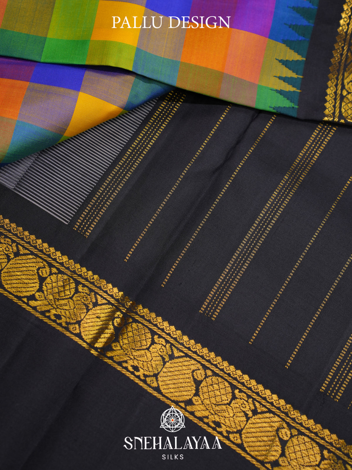 Multi Colour Checked Kanjivaram Silk Saree with Black Rettapet Zari Border